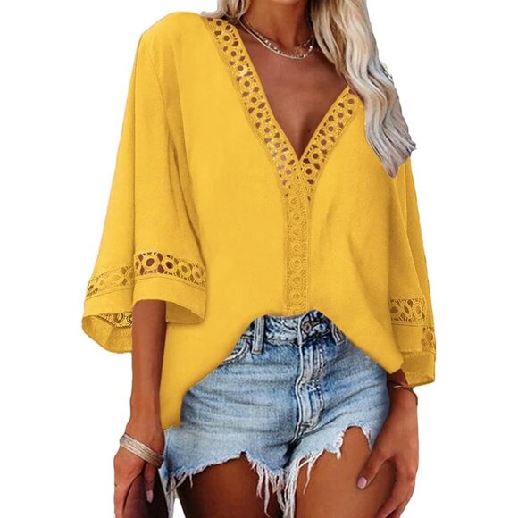 Marc New York Linen Oversized Mustard Yellow Blouse Lace Trim Blouse Artsy Money - Picture 1 of 10